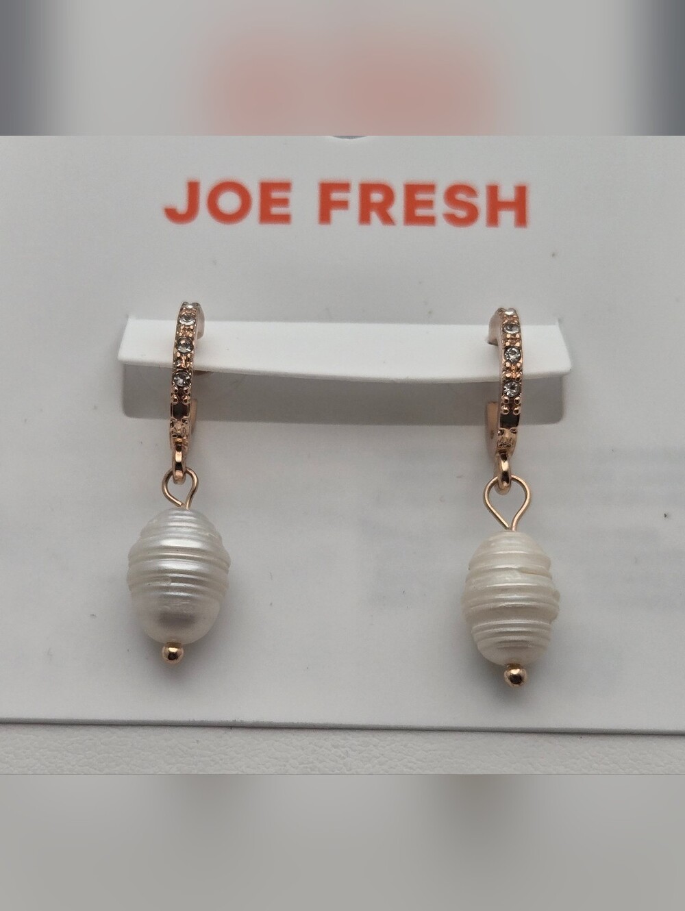 Joe Fresh Rose Gold Huggie Hoop Earrings Pavé Crystal & Pearl Drop 1.25” New
